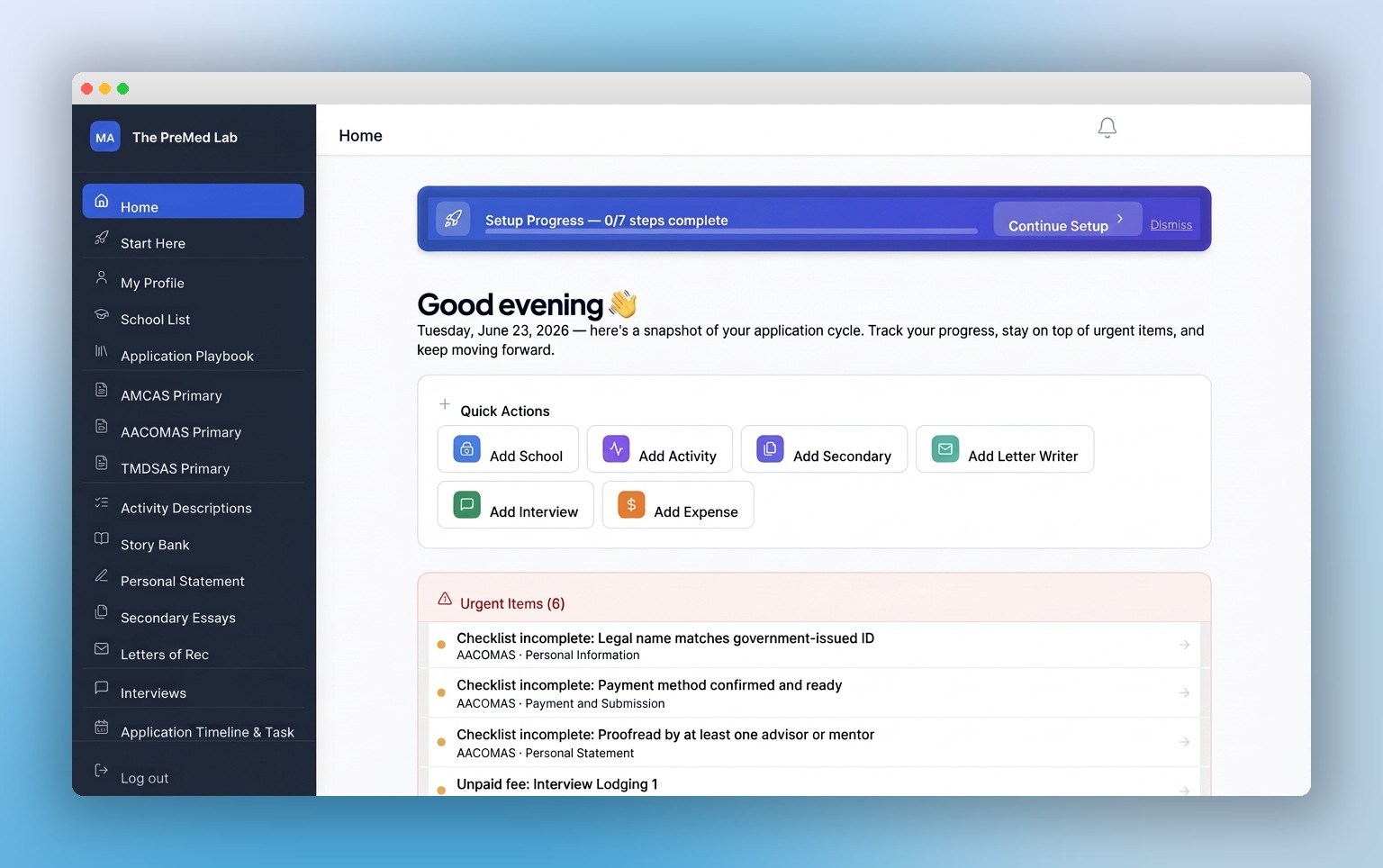 The PreMed Lab dashboard preview